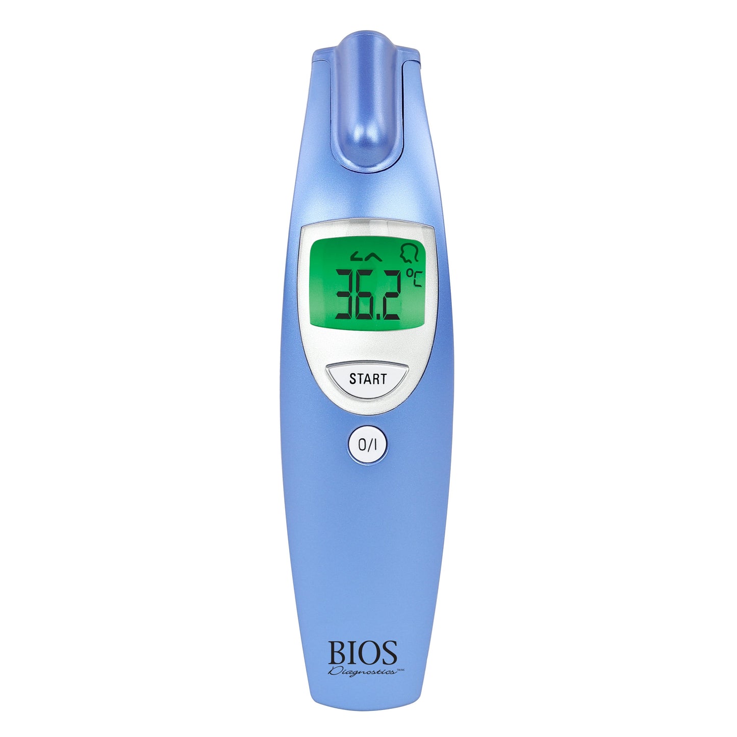 view of the fever thermometer with a green screen indicating there is no fever