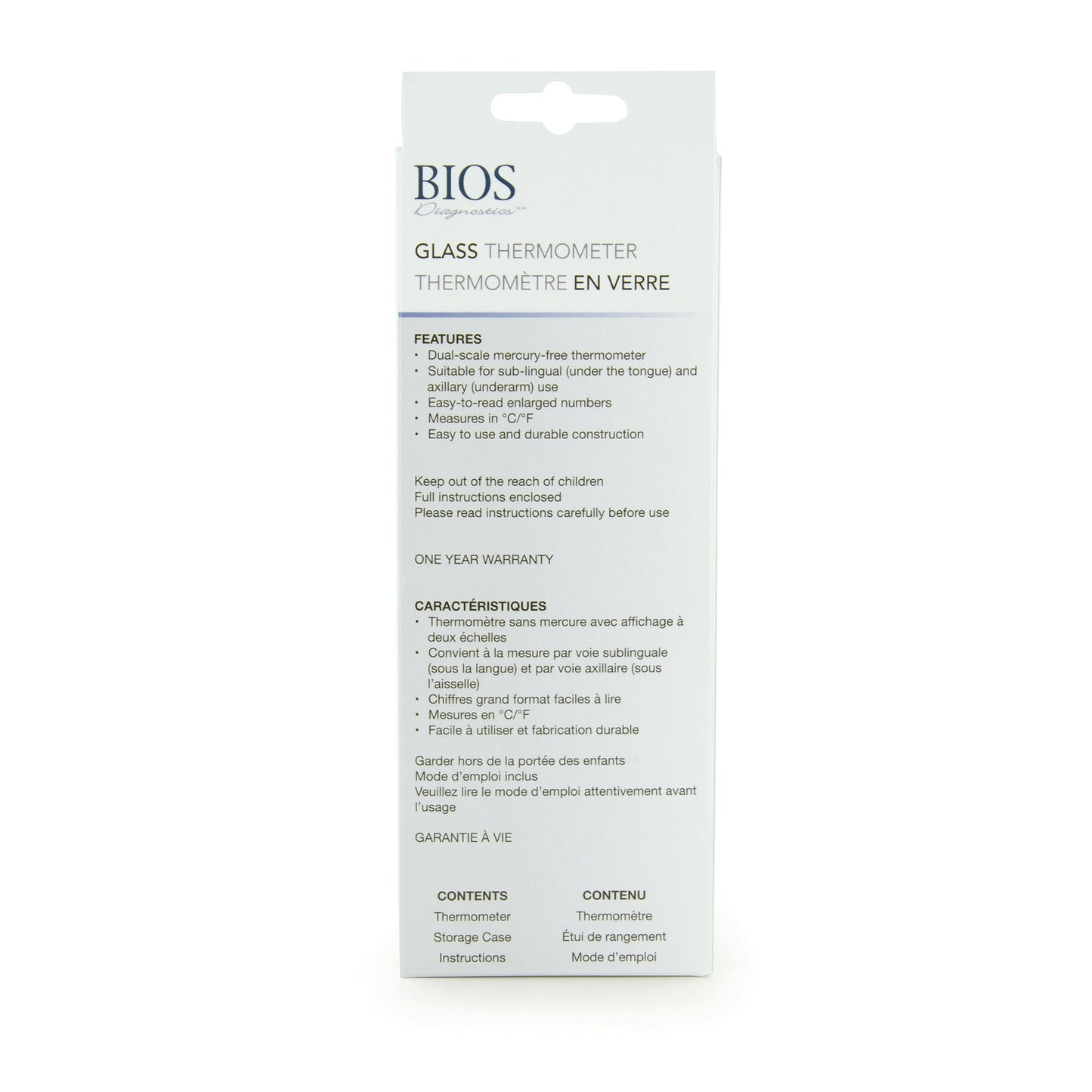 Mercury Free Glass fever Thermometer back of retail package