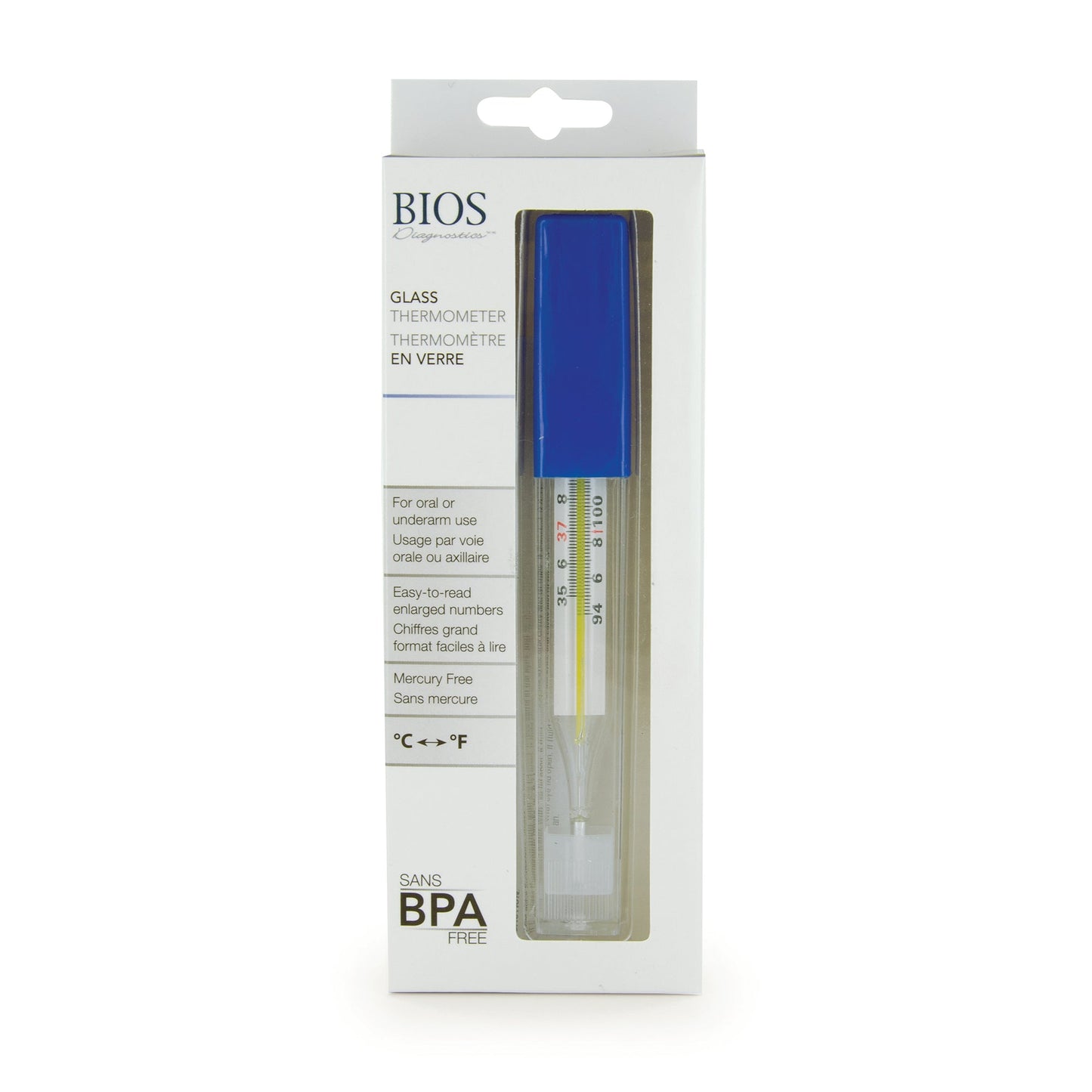 Front view of the Mercury Free Glass Fever Thermometer retail packaging