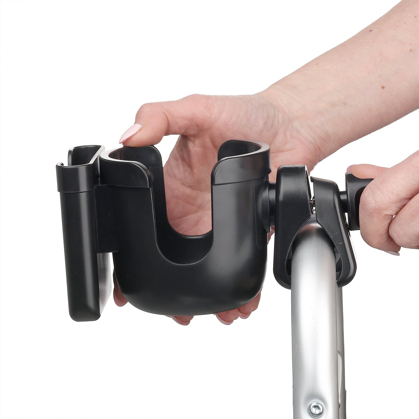 side view of how a cup holder being attached to a walker frame