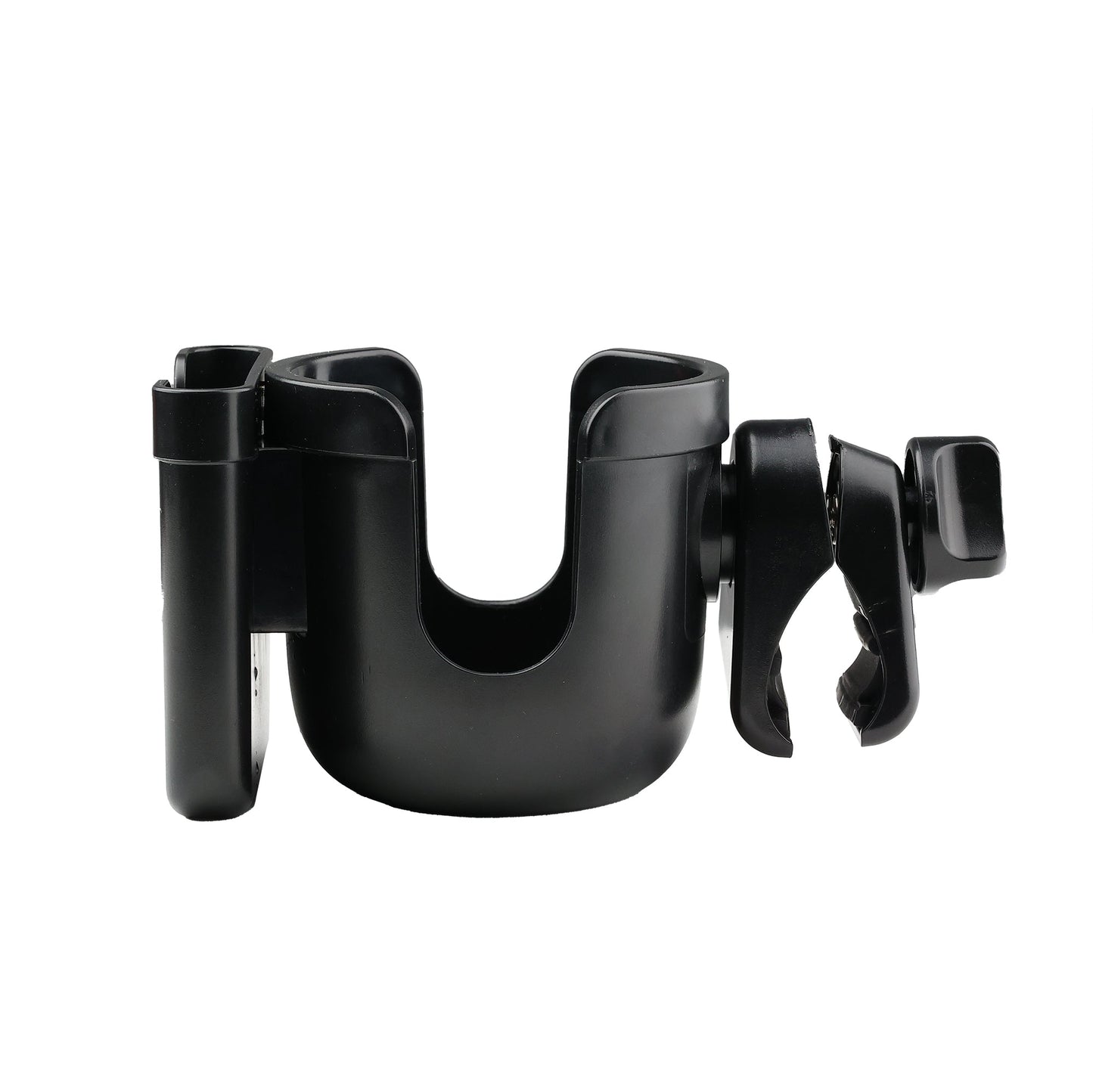 side view of a cup holder showing the cell phone slot and the clip