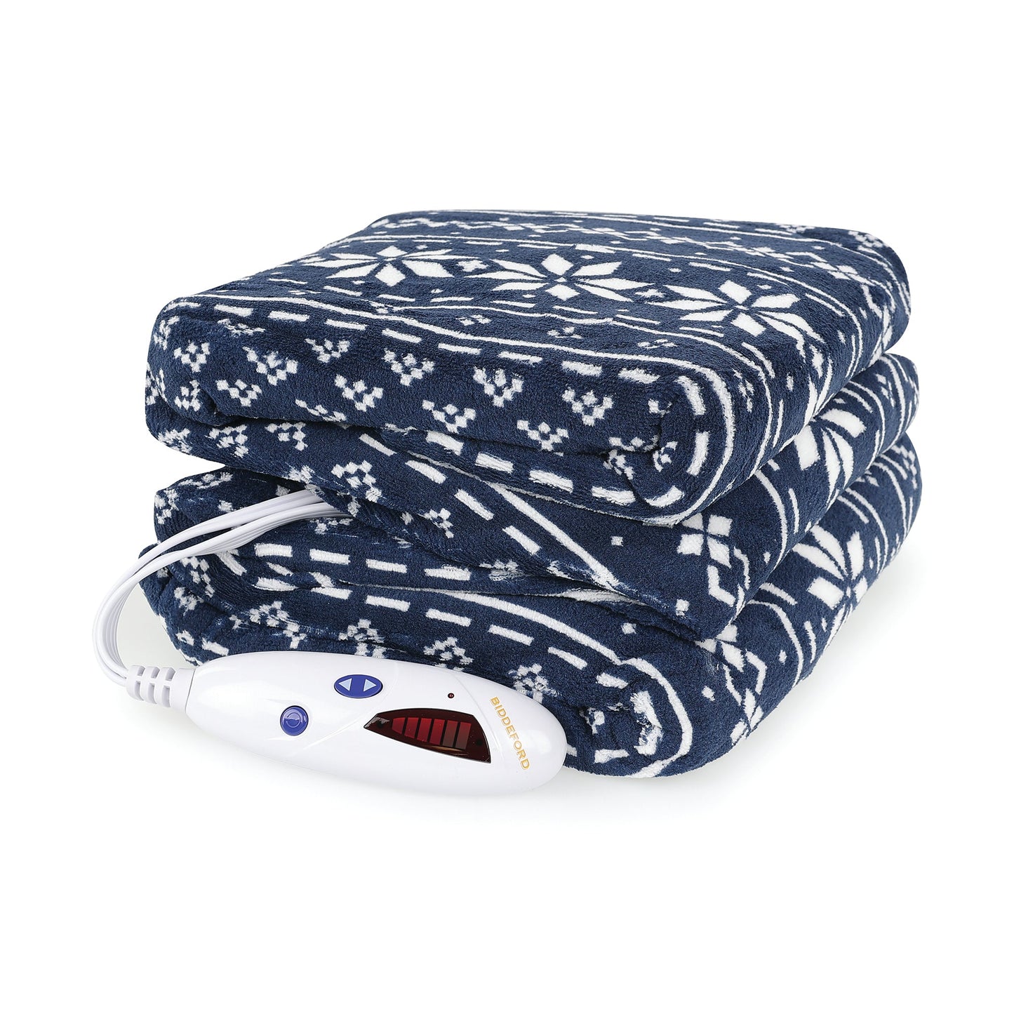 close up of a Microplush heated throw in Navy Frairisle