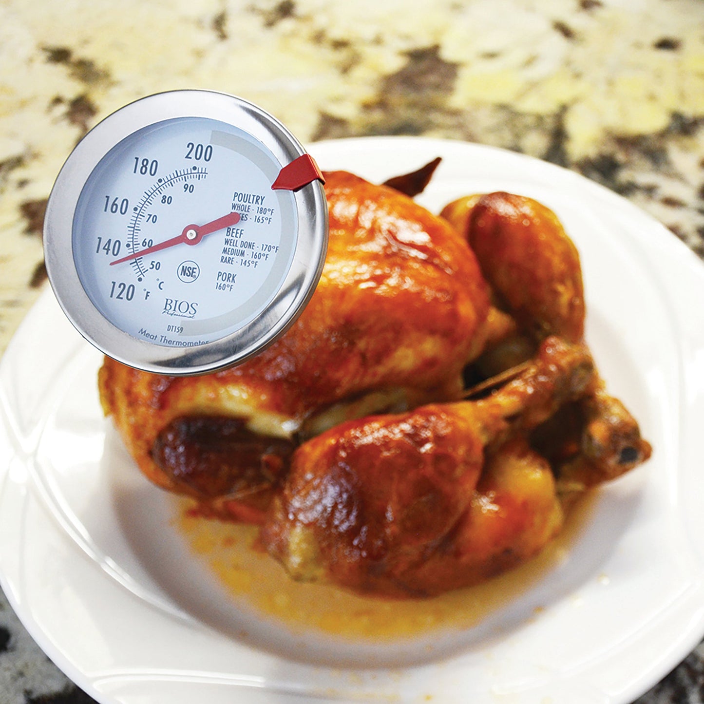 DT159 Dial Meat & Poultry Thermometer checking the temperature of a cooked chicken