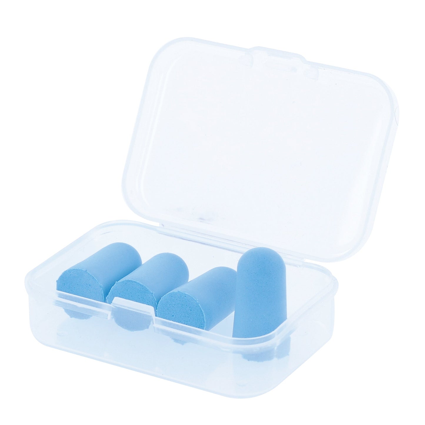 blue tapered foam ear plugs in a case