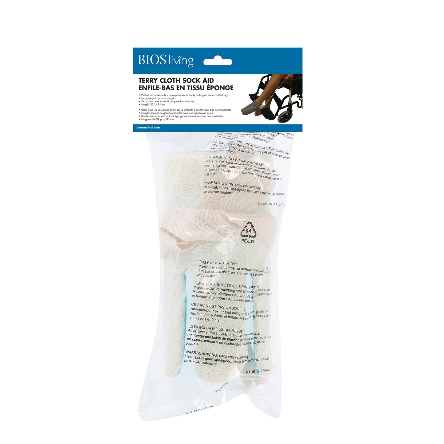 terry cloth sock aid in its packaging