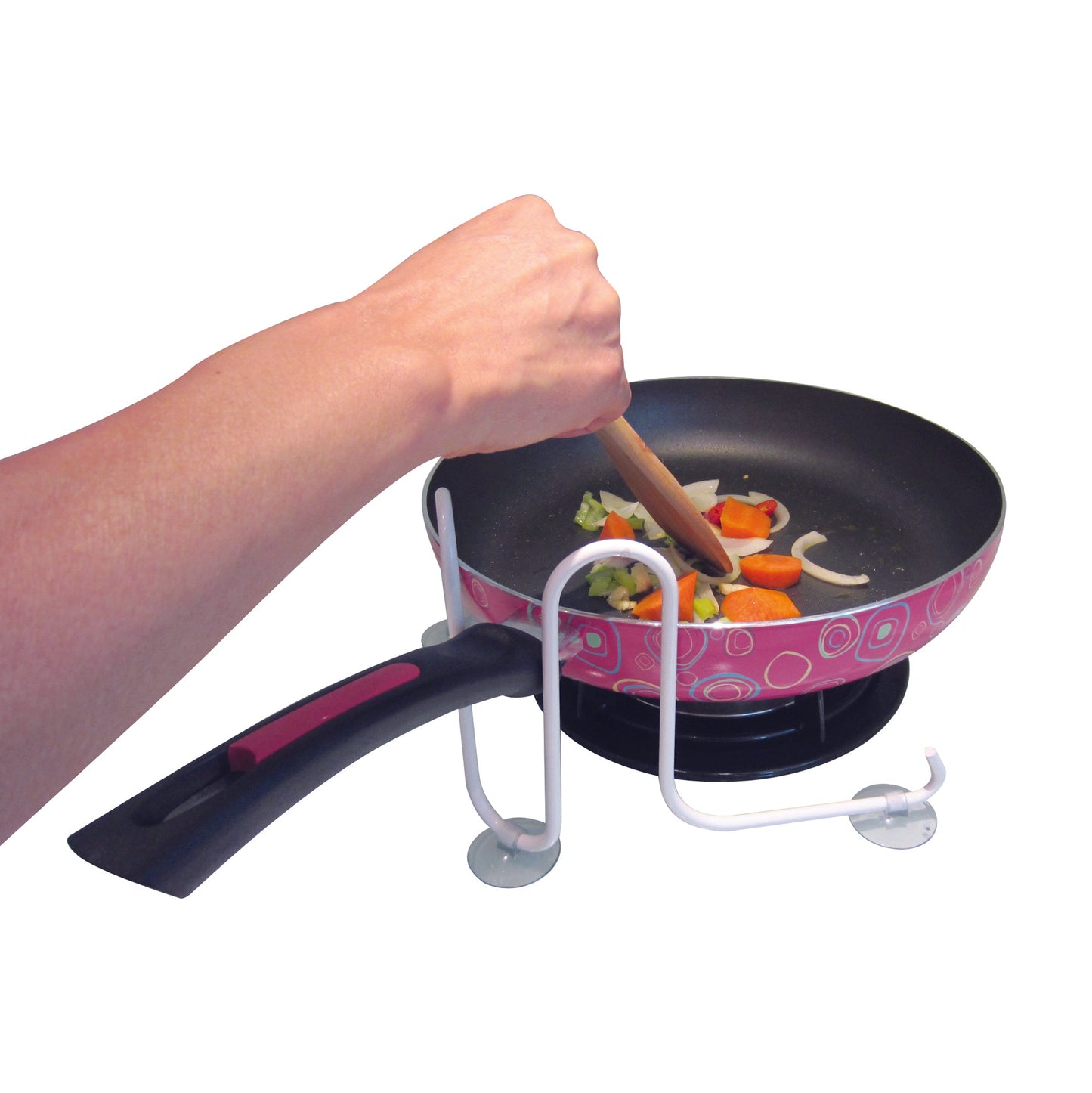 pot and pan holder in use on a stove holding a pan