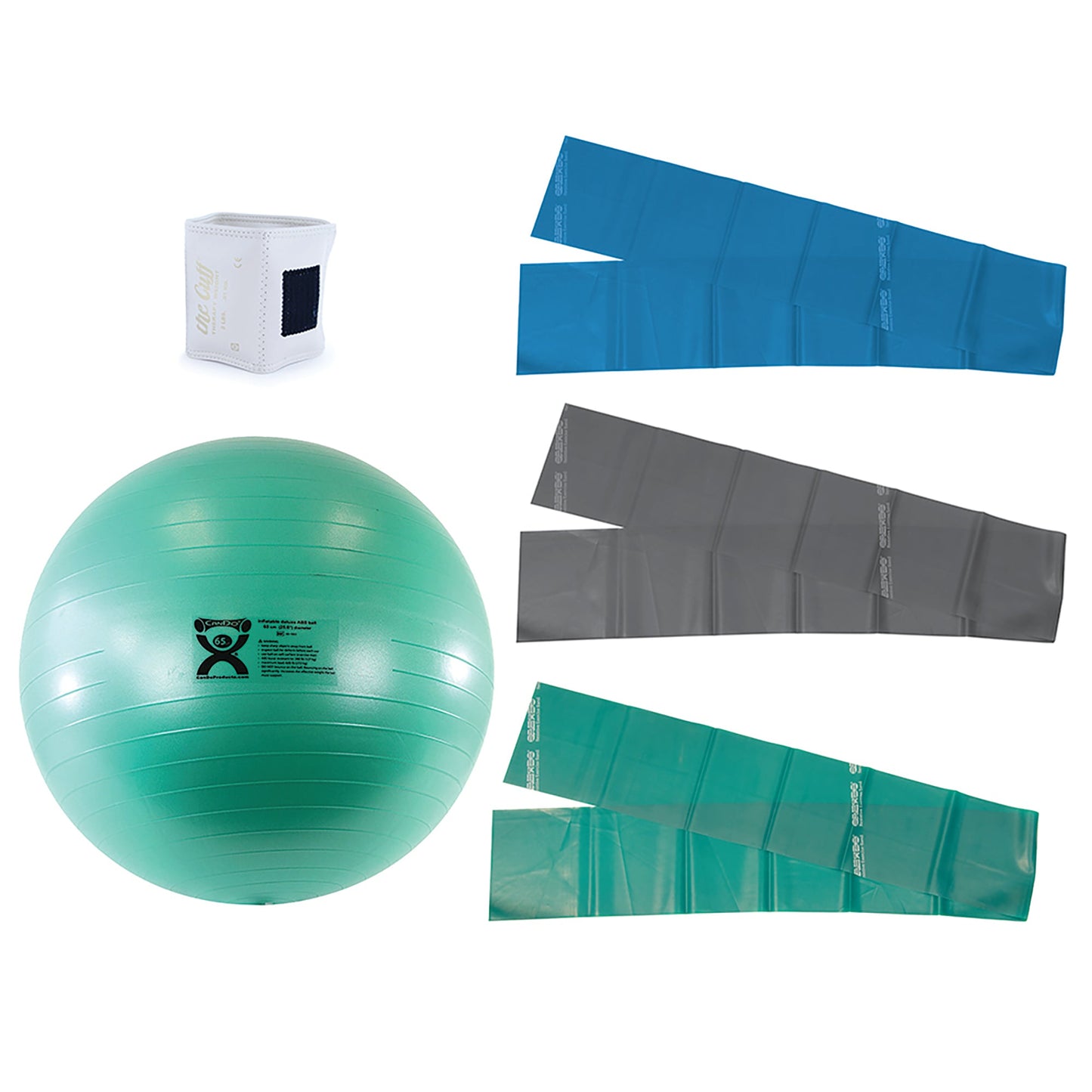 picture of exercise bundle including 65 cm Exercise Ball, 2 lbs Cuff Therapy Weights & Resistance Band Pack