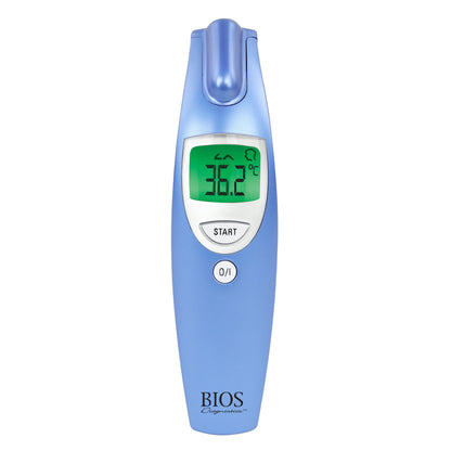 view of the fever thermometer with a green screen indicating there is no fever