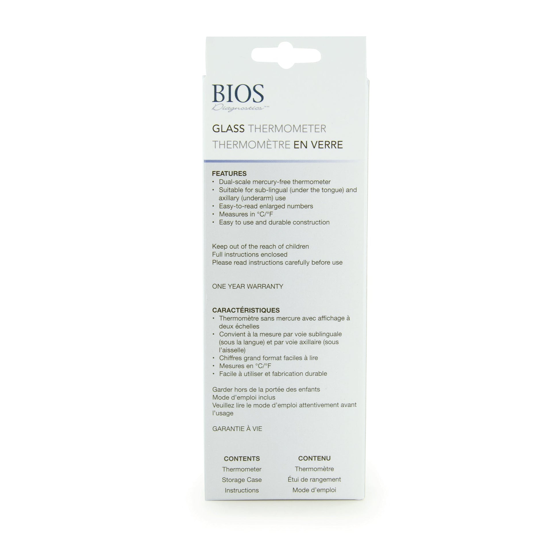 Mercury Free Glass fever Thermometer back of retail package